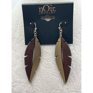 nOir Jewelry Feather Walnut Wood Satin Metal Leaf Drop Earrings Brown B60